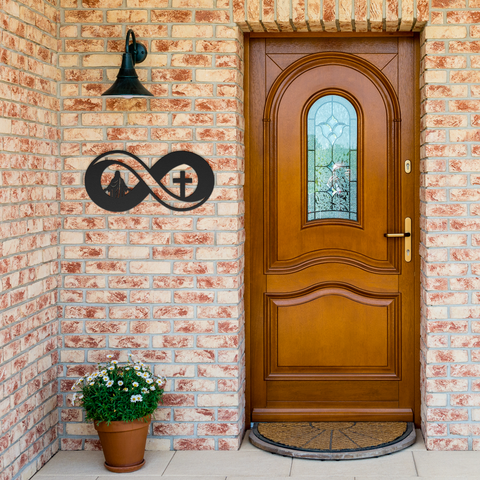 Jesus_Cross_Infinity_Metal_Wall_Art_Black_Brick_Entrance_Mockup.png