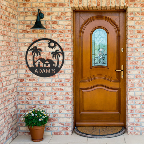Palm Tree Beach House Metal Sign
