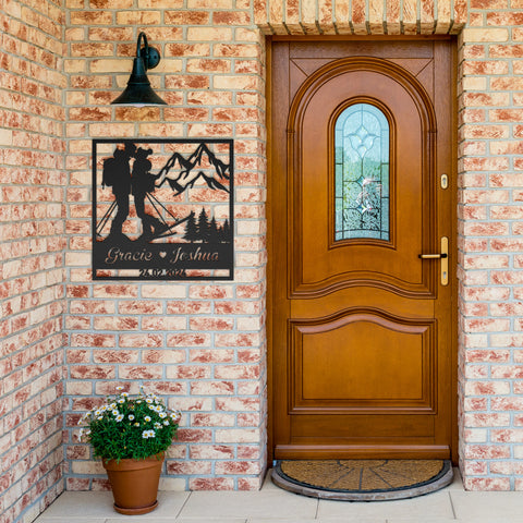 Skiing Couple Kissing in the Snow Mountains Metal Wall Art