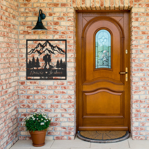 Skiing Couple Kissing in the Snow Mountains Metal Wall Art