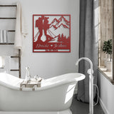 Skiing Couple Kissing in the Snow Mountains Metal Wall Art